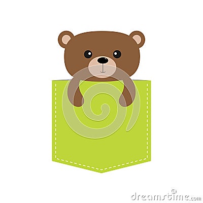 Bear in the pocket. Cute cartoon character. Dash line. Forest animal collection. T-shirt design. White background. Isolated. Vector Illustration