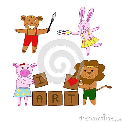 Bear,rabbit,pig,lion love art holding brush ,color palette and block wood with word I love art vector Vector Illustration