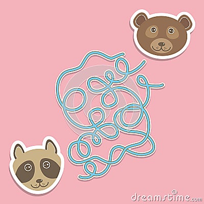 Bear raccoon labyrinth game for Preschool Children. Vector Vector Illustration