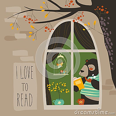 Bear reading a book near the window Vector Illustration