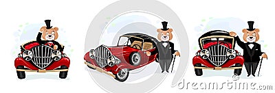 Teddy bear in a black tuxedo, a hat and a bow tie on a red convertible Vector Illustration