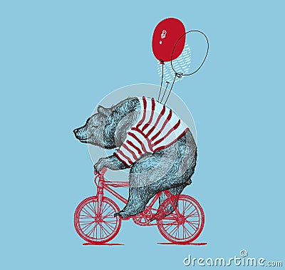 Bear Ride Bike Balloon Vector Grunge Print. Hipster Mascot Cute Wild Grizzly in Striped Vest on Bycicle Isolated Vector Illustration