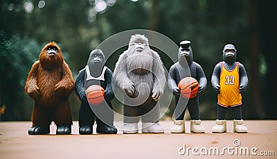 A bear, a rooster, a monkey, a frog, a gorilla, all of whom are of the same size. They form a team, wearing basketball suits Stock Photo