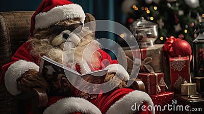 Bear's Book Nook: Serene Moment of Santa Bear Reading Stock Photo