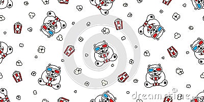 Bear seamless pattern polar bear popcorn vector movie 3d glasses cinema teddy cartoon scarf isolated repeat wallpaper tile backgro Vector Illustration