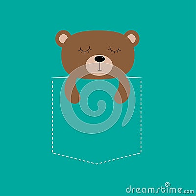 Bear sleeping in the pocket. Cute cartoon character. Dash line. Forest animal collection. T-shirt design. Blue background. Isolate Vector Illustration