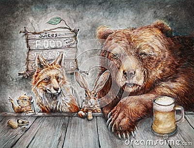 Bear, Squirrel, Rabbit and fox sharing a beverage Stock Photo
