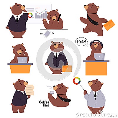 Bear Staff or Office Employee in Tie and Suit Speaking by Phone and Executing Task Vector Set Vector Illustration