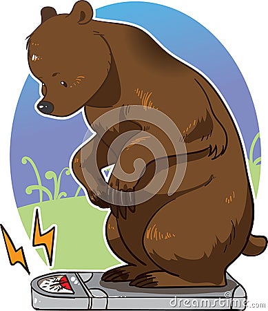 Bear stepping on scale and weighing itself Stock Photo