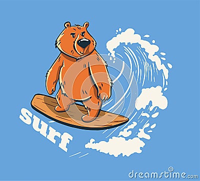 Bear surf on big wave cool summer t-shirt print. Animal ride surfboard Vector Illustration