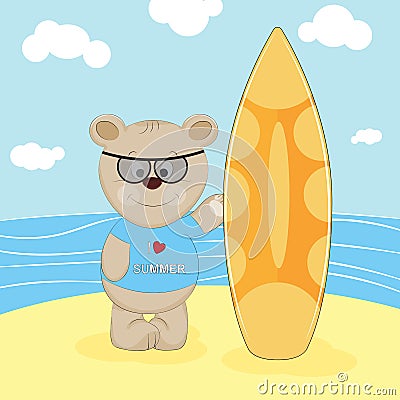 Bear with surfboard in a beach. Vector Illustration