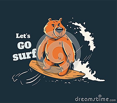 Bear surfer cool summer t-shirt print. Wild animal ride surfboard Vector Illustration