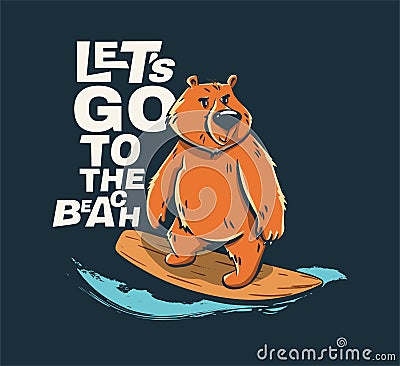 Bear surfer cool summer t-shirt print. Wild animal ride surfboard Vector Illustration