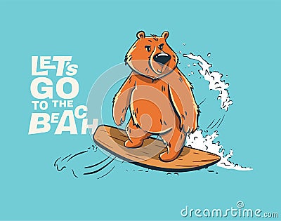 Bear surfer cool summer t-shirt print. Wild animal ride surfboard Cartoon Illustration