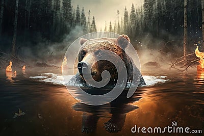 bear swimming through the water, escaping forest fire Stock Photo