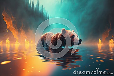 bear swimming through the water, escaping forest fire Stock Photo