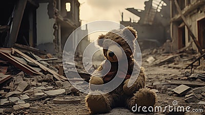 a bear toy as it stands amid the ruins and wreckage of conflict, drawing attention to the universal need for peace. Stock Photo