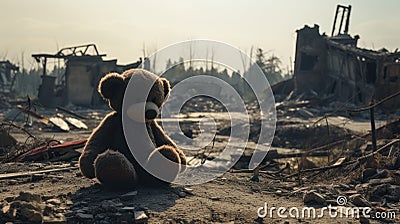 a bear toy as it stands amid the ruins and wreckage of conflict, drawing attention to the universal need for peace. Stock Photo