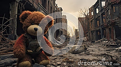 a bear toy as it stands amid the ruins and wreckage of conflict, drawing attention to the universal need for peace. Stock Photo