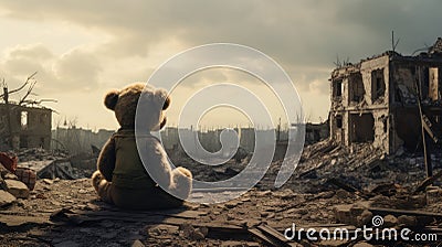 a bear toy as it stands amid the ruins and wreckage of conflict, drawing attention to the universal need for peace. Stock Photo