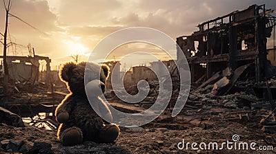 a bear toy as it stands amid the ruins and wreckage of conflict, drawing attention to the universal need for peace. Stock Photo