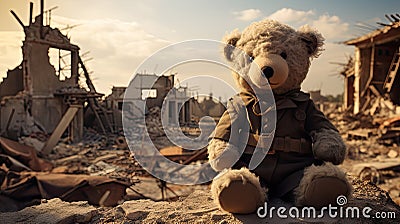 a bear toy as it stands amid the ruins and wreckage of conflict, drawing attention to the universal need for peace. Stock Photo