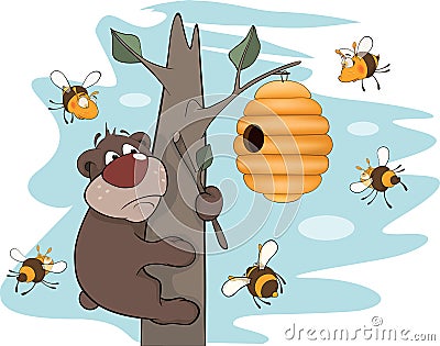 Bear cub and bees. Cartoon Vector Illustration