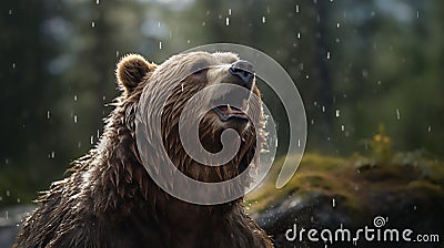 a bear twirling and enjoying the rain Stock Photo