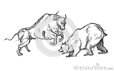 Bear versus bull strong fighting hand drawn sketches white isolated background Vector Illustration