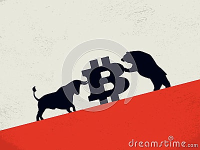 Bear vs bull on bitcoin cryptocurrency market vector concept. Symol of investment, buy, sell strategy, profit and loss. Vector Illustration