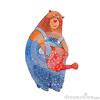 Bear with watering can Cartoon Illustration