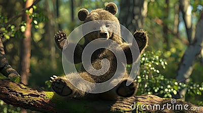 A bear with a Zenlike expression balancing on one paw while the other rests on its forehead in a comical tree pose Stock Photo