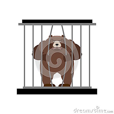 Bear in Zoo cage. Strong Scary wild animal in captivity. Large g Vector Illustration