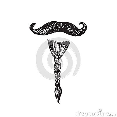 Beard braided pigtail and a fancy mustache, hand drawn doodle, sketch in woodcut style,vector illustration Vector Illustration