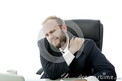 Beard business man has neck pain Stock Photo