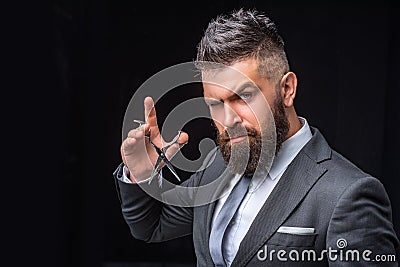 Beard care. Mature hipster with beard. bearded man in formal business suit. brutal male hipster cut hair with Stock Photo