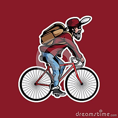 Beard man with bike Cartoon Illustration