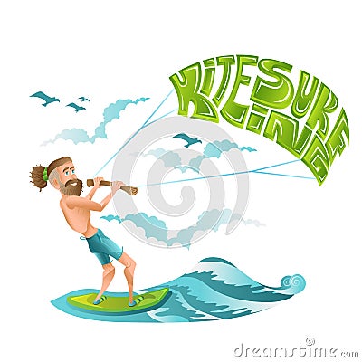 Beard man character riding on kiteboard with lettering kitesurfing on his parachute. Bright illustration in flat cartoon style iso Vector Illustration