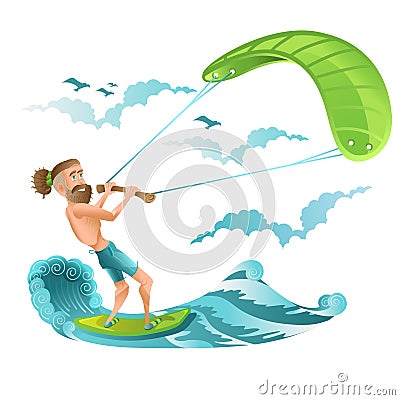 Beard man character riding on kiteboard on white. Bright illustration in flat cartoon style Vector Illustration