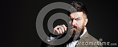 Beard man with classic long beard amd mustaches, bearded gay. Barber, barbershop. Mustache moustache men. Templates web Stock Photo