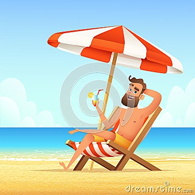 Beard man sitting on a sunbed on the beach. Happy smiling male relaxing on a chaise-longue and drink cocktail. Vector cartoon illu Cartoon Illustration