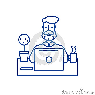 Beard man working on table with notebook line icon concept. Beard man working on table with notebook flat vector symbol Vector Illustration