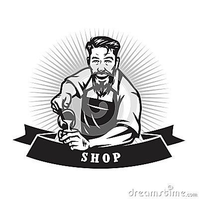 Bearded Barista Man Making Coffee Latte Art Cafe Logo Design Template Vector Illustration