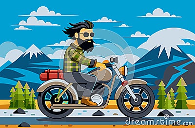 Bearded biker in checkered shirt rides motorcycle through hilly landscape Vector Illustration