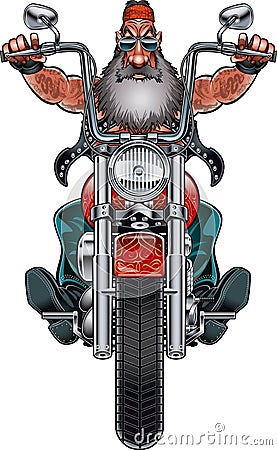 Bearded biker type driving chopper motorcycle Vector Illustration