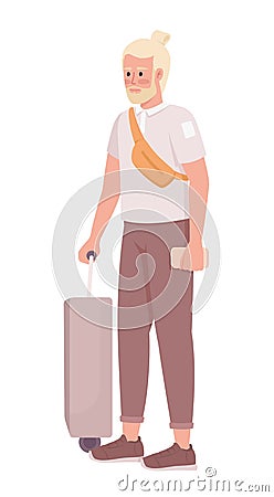 Bearded blond adventurer with phone and baggage semi flat color vector character Vector Illustration