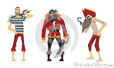 Bearded Brutal Man Pirate or Buccaneer Character Standing and Smiling with Sword Vector Set Vector Illustration