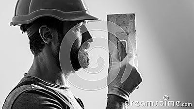 Bearded builder man in hard hat. Profile of builder in helmet. Plasterer in working uniform Stock Photo