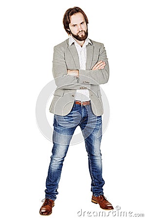 bearded business man with suspicious emotion. human emotion expression and lifestyle concept. image on a white studio background. Stock Photo