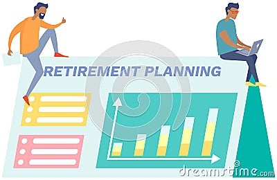 Bearded businessman with laptop giving presentation of retirement plan with growing rates Vector Illustration